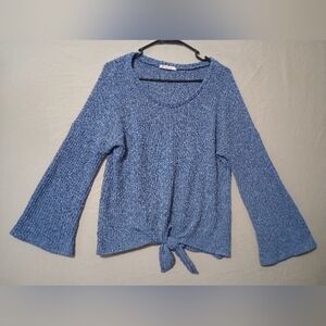 Veveret Blue Knit Sweater Top Sz S Bell Sleeve Tie Front Oversized Preppy Chic
